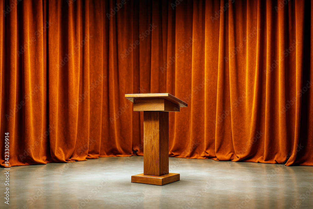 Poster wooden podium on empty stage with dramatic orange curtain background under spotlight in modern prese