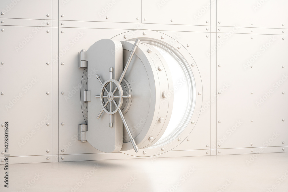 Poster open metallic vault door with bright light inside, symbolizing security, access and protection on a 
