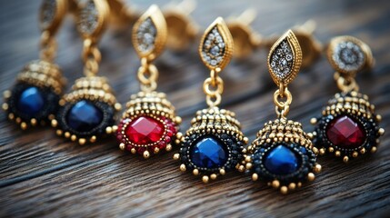 Obraz premium On a wooden tray lies an assortment of gold jewelry accented with rubies and sapphires