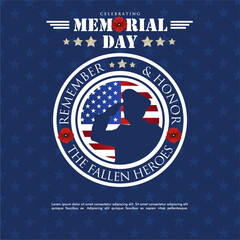 Memorial Day USA tribute design with soldier silhouette saluting, patriotic American flag background, and red poppies symbolizing remembrance of fallen heroes. Best for Memorial Day 2025 Greeting