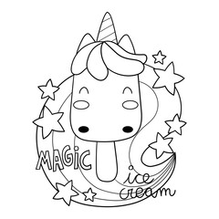 Illustration in black and white of an ice cream unicorn with sweet candy stars and smiling on a rainbow background, coloring page