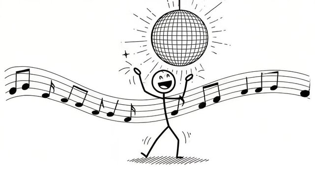 Joyful stick figure dancing under a disco ball with musical notes flowing around