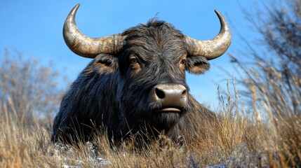 Naklejka premium A black bull is resting in a green meadow under a cloudy sky
