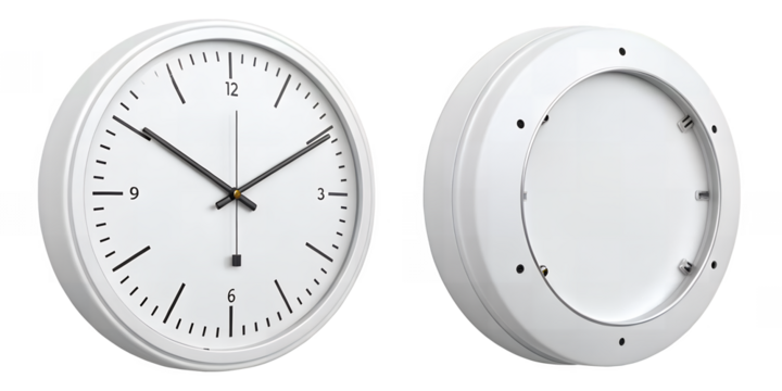 Time's Symmetry: A meticulous studio shot showcases a contemporary wall clock, revealing both its elegant face and the unseen mechanism behind it, embodying the essence of precision and order.