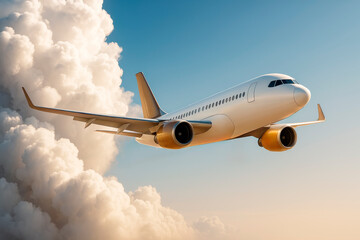 Obraz premium Commercial airplane flying above clouds during golden hour with clear blue sky in background, showcasing modern travel and aviation concept.