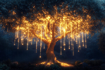 Obraz premium Magical glowing tree with hanging lights in a serene nighttime landscape