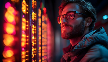 Fototapeta premium Man gazing at neon lights in urban scene