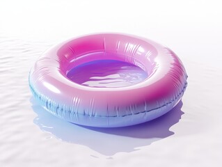 Pink-blue inflatable ring floats on calm water, summer poolside scene, vacation imagery