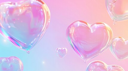 3d Shimmering valentine hearts drifting through translucent soap bubbles, reflecting soft pastel colors background holographic copy space for text