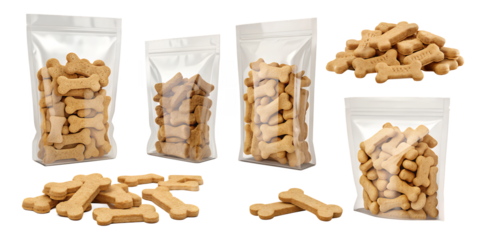Snack Delight: Delicious bone-shaped biscuits in clear packaging, a delightful treat for canine companions. Capturing the essence of pet enjoyment and wholesome snacks.