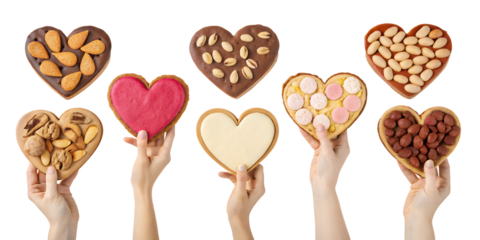 Heartfelt Culinary Delights: A vibrant array of heart-shaped treats, each lovingly held up to display a symphony of flavors, is a tempting celebration of culinary artistry.