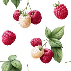 Seamless repeat pattern featuring hand-painted raspberries in watercolor style, with dewdrops and leafy greens, deep pink, green, and cream, isolated on white background, berry patch vibe, vibrant