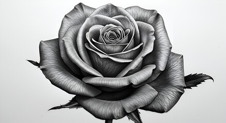 Detailed grayscale rose illustration.  A meticulously drawn rose in shades of gray and black, displaying intricate petal details and a rich, textured appearance