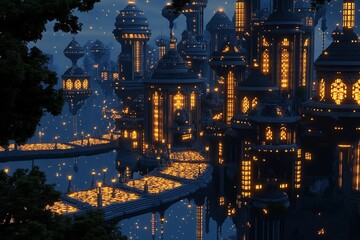 Floating city with geometric design illuminated at dusk above a tranquil landscape