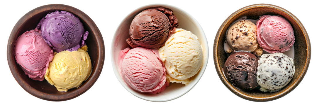photo THREE FLAVOUR SCOOP OF ICE CREAM ON BOWL, white background, high focus TOP view, no blur
