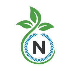 Eco Logo On Letter N With Green Leaf and Ribbon Symbol