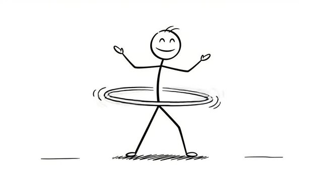 Stick figure joyfully hula hooping on a plain background, showcasing fun and movement