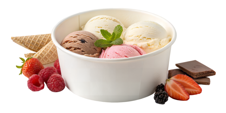 Creamy Palette: A tantalizing selection of artisanal ice cream scoops, vibrant berries and a piece of chocolate, all arranged in a pleasing composition. A symphony of flavors in a single frame.