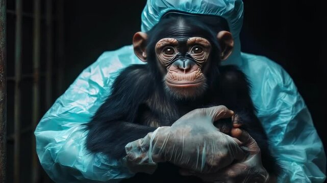 a virologist holds a monkey in his hands. Selective focus