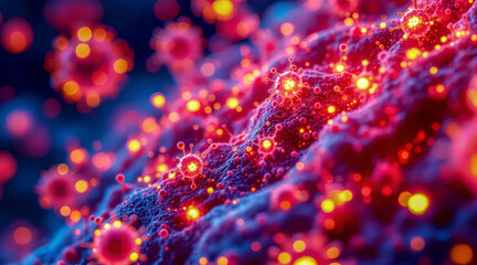 Virus particles under microscope glow intensely on textured surface