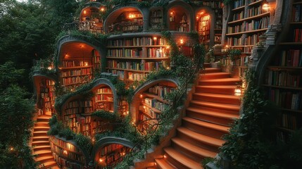 Obraz premium Enchanted, winding library nestled within a lush forest.