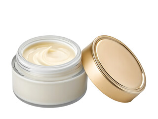 A clean white plastic jar holds isolated facial beauty cream, a cosmetic skin care treatment
