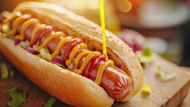 close-up of a hot dog on the table. Selective focus