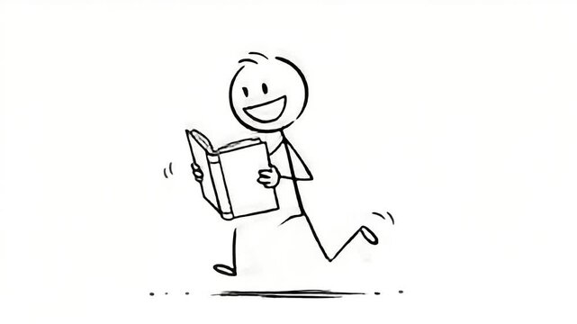 Stick figure joyfully running while reading a book in a simple, animated style