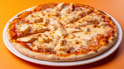 Delicious cheese pizza topped with grilled chicken on a vibrant orange background