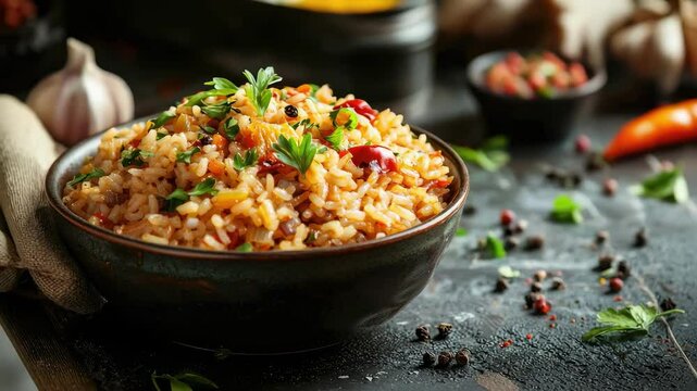pilaf in a plate on the table. Selective focus