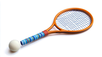 Squash racket with ball isolated on white background, detailed photo, photography style, white empty space for text stockphoto.