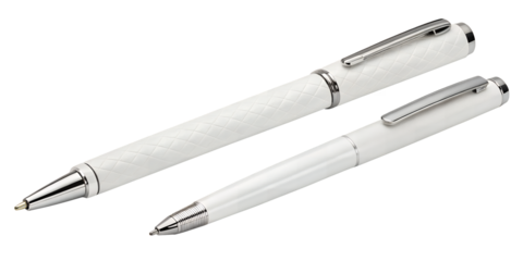 Elegant Writing Instruments: Captivating a pair of pristine white pens, embodying sophistication and refined craftsmanship. Ideal for business, creative writing, and gifting. 