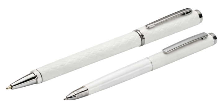 Elegant Writing Instruments: Captivating a pair of pristine white pens, embodying sophistication and refined craftsmanship. Ideal for business, creative writing, and gifting. 