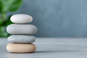 Stacked smooth stones on a soft surface with a green background.