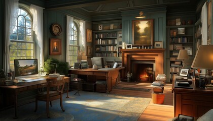 Cozy Home Office Library Interior with Vintage Style Fireplace, Bookshelves, and Light