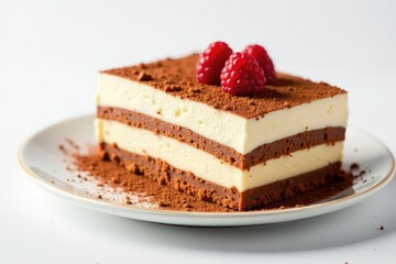 Elegant tiramisu portion, dusted cocoa, white backdrop , background, confectionery, dessert