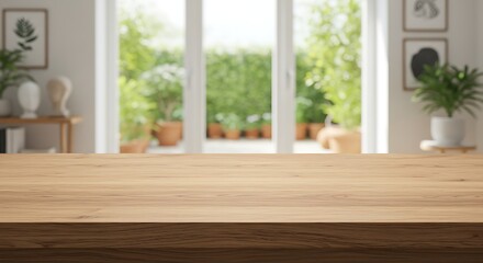 Fototapeta premium Wooden Table Surface with Sunny Garden Background for Product Display