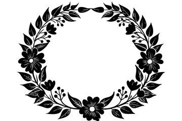 Floral Wreath with Delicate Design: A striking monochromatic floral wreath design, offering a versatile element for design and background uses. featuring a charming floral wreath