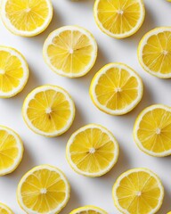 Fototapeta premium Lemon slices arranged in even diagonal rows, sharp contrast of yellow on soft white background, symmetrical and modern