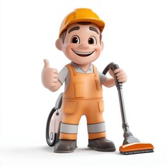 A cartoon man in a yellow shirt and orange overalls is holding a vacuum cleaner