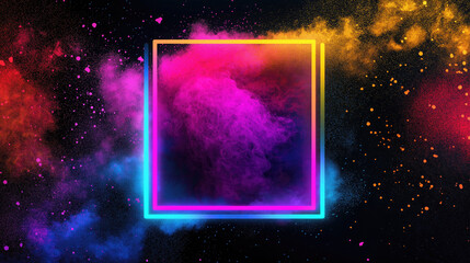 A vibrant explosion of colorful powder captured within a neon square, a burst of joy and energy against a dark backdrop.