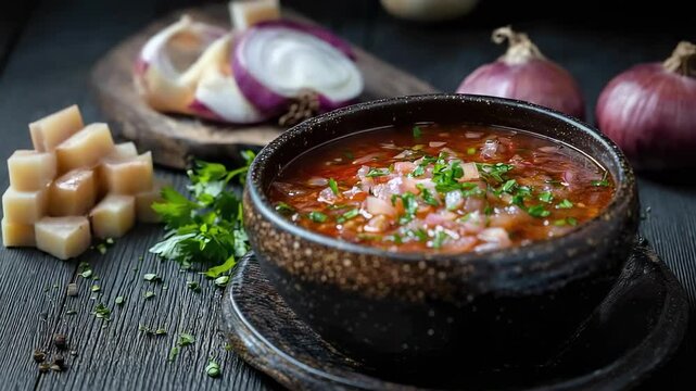 borscht in a plate on the table. Selective focus