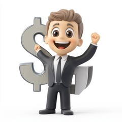 A man is holding a dollar sign and smiling