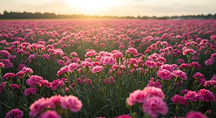 Fototapeta premium Flowering Meadow at Sunset with Pink Blossoms and Warm Sunlight