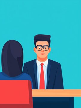 First job interview moment, young adult with recruiter, flat design illustration