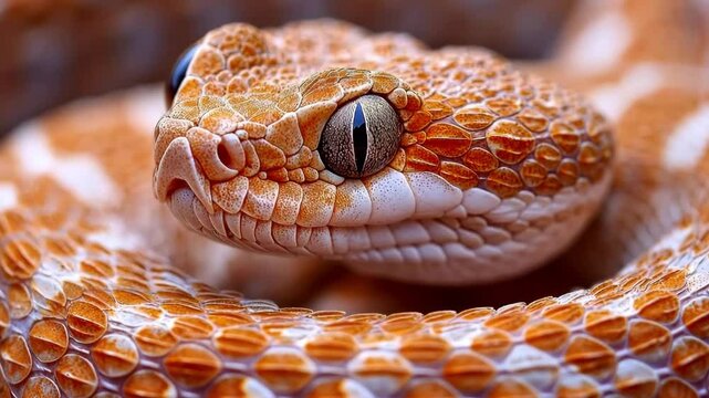 Close-up of a vibrant orange snake showcasing scales and eyes while coiled in a relaxed position in natural habitat under soft lighting