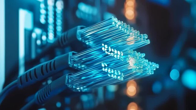 Close-up of Glowing Fiber Optic Cables Connected to Network Device