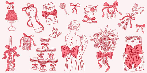 Whimsical wedding line art illustrations in doodle ink style. Elegant coquette party hand drawn elements. Casual vintage vector illustration for invitations, cards, greetings. Save the date