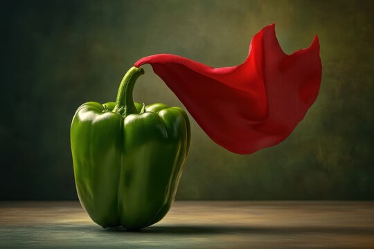 A green pepper is on a table with a red cape blowing behind it