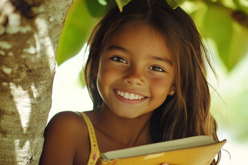 Smiling young girl reading a book under tree on summer day enjoying nature and learning moment, generative ai